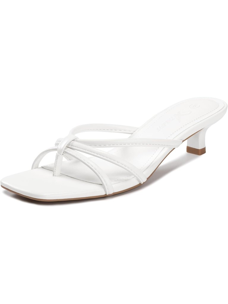 Women's White Square Toe Strappy Flip Flop Low Heel Slip On Thong Heeled Sandal